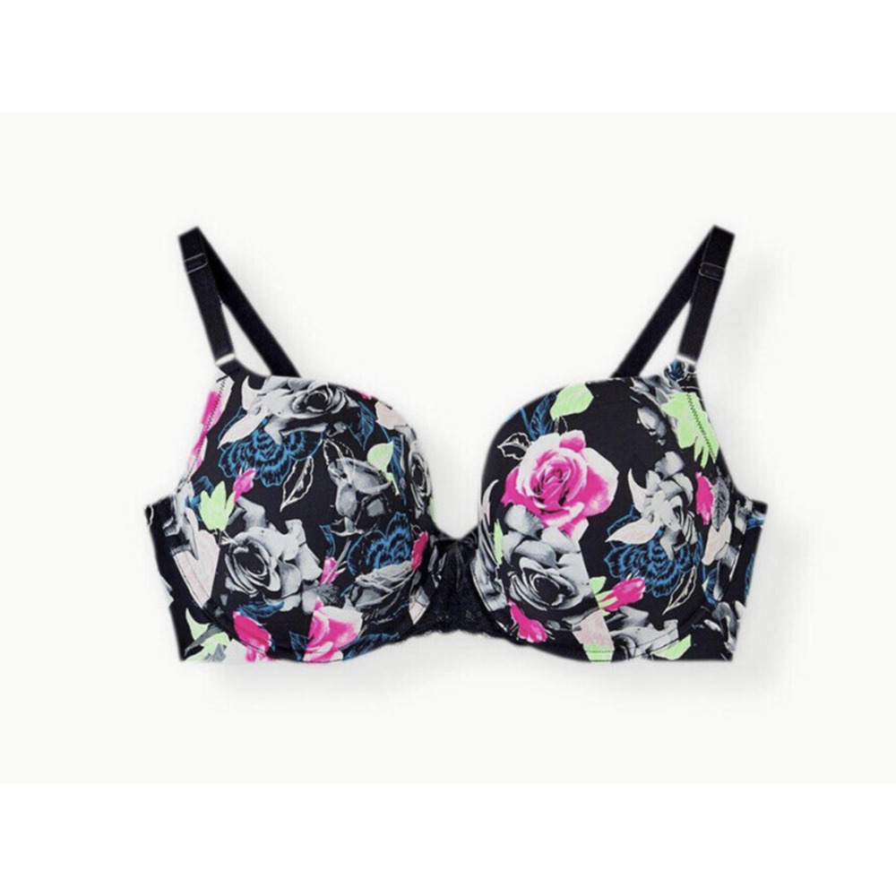 Torrid Curve 360 Back Smoothing Perfect T-Shirt Push-Up Bra Floral Black 50D - Picture 1 of 7